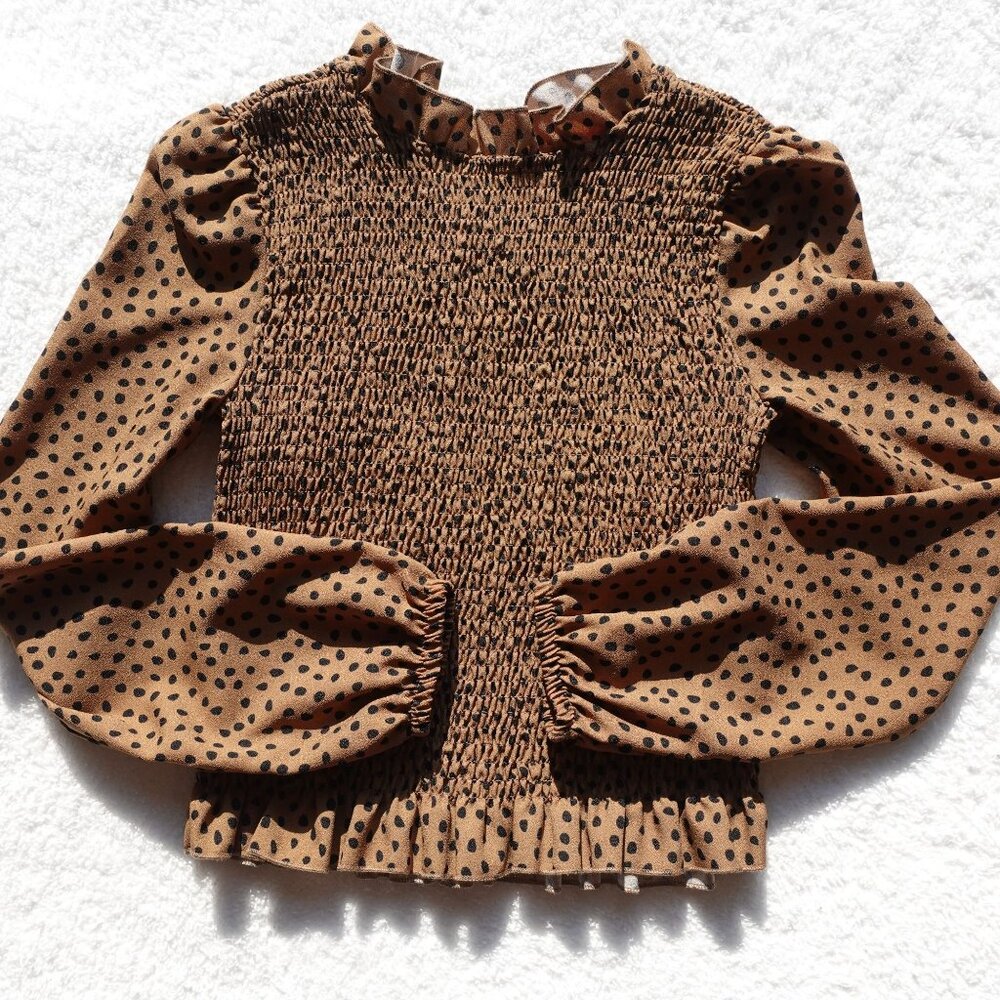 COCO & SHAY XS Animal Print Smocked Peplum High Neck Long Sleeve Blouse Top XS